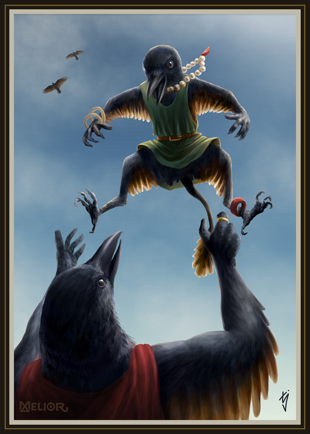 A corvidan parent playfully launches their young child into the sky, where they gleefully daydream of being able to fly like the birds high in the sky above them.