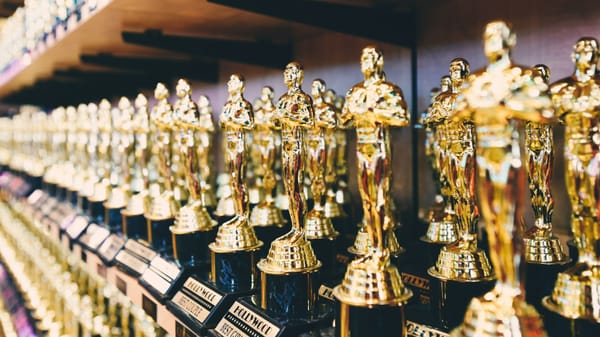 Shelves of countles shiny golden statuette awards in the style of Oscar Academy Awards.